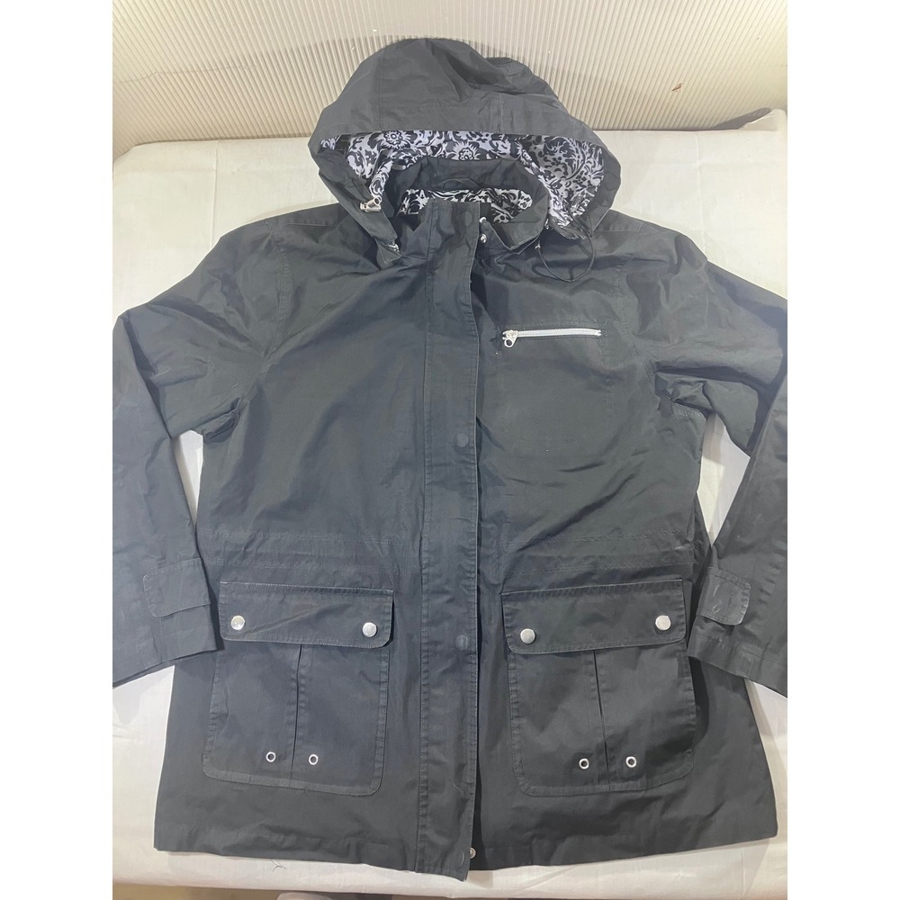 White Stag Women Black Hooded Jacket Utility Pockets Zip Front L